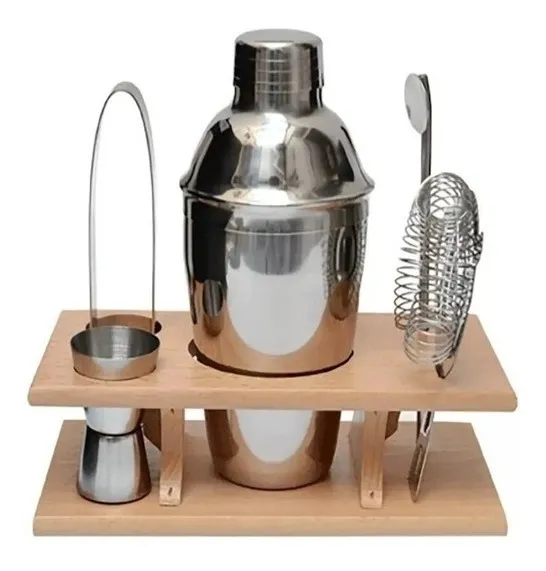 Set De Coctelera Acero Inoxidable Profesional Base De Bambú