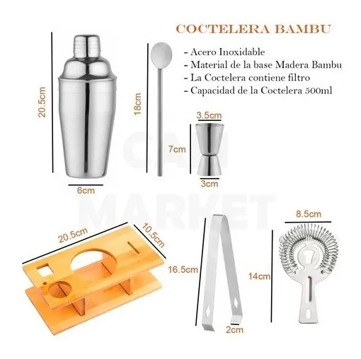 Set De Coctelera Acero Inoxidable Profesional Base De Bambú - Imagen 4